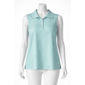 Tommy Bahama 100% Silk Aqua Blue Jacquard Floral Sleeveless Polo Blouse Women M